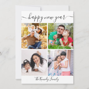Black And White Happy New Year 4 Photo Collage Holiday Card