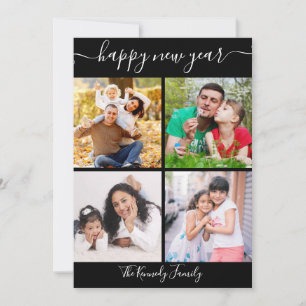 Black And White Happy New Year 4 Photo Collage Holiday Card