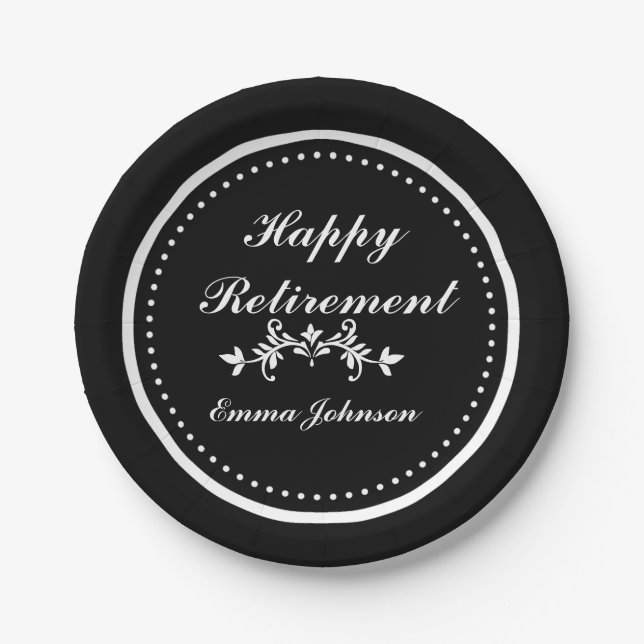 Black and white Happy Retirement Party Supplies Paper Plate (Front)