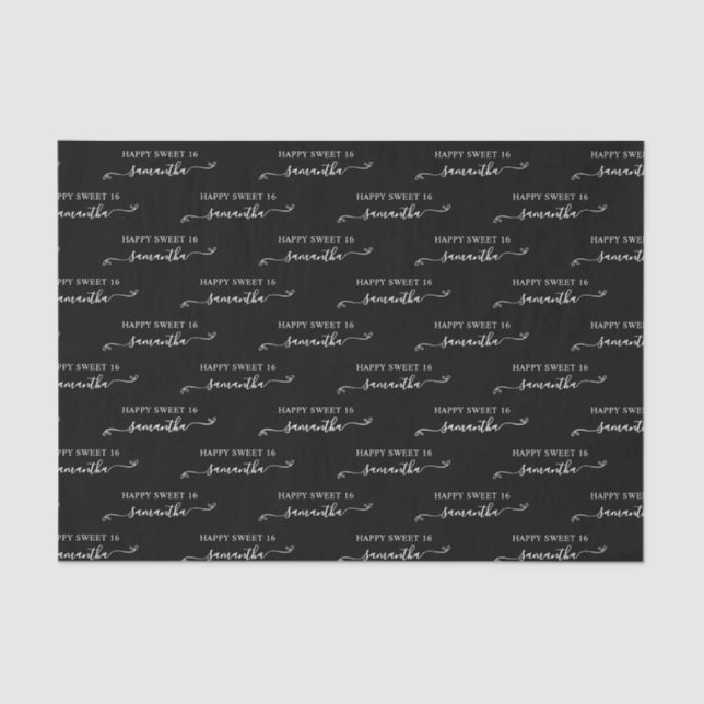Black and White Happy Sweet 16 Cute Bow Name Tissue Paper (Front)