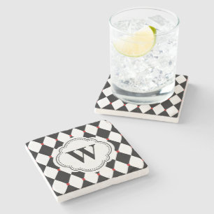 Black and White Harlequin Pattern with Monogram Stone Coaster