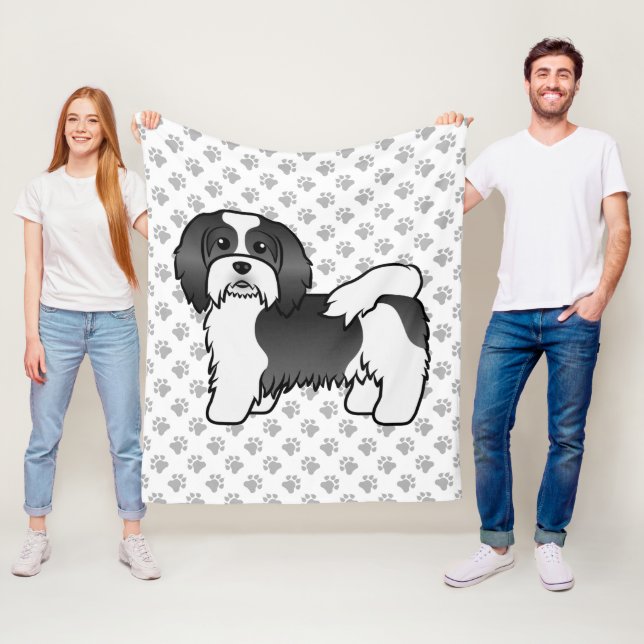 Black And White Havanese Cute Cartoon Dog Fleece Blanket (In Situ)