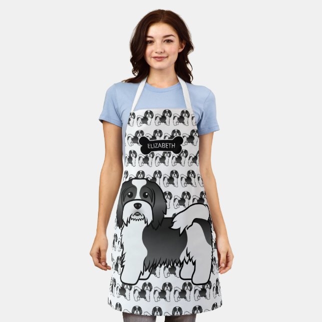 Black And White Havanese Cute Cartoon Dog & Name Apron (Worn)