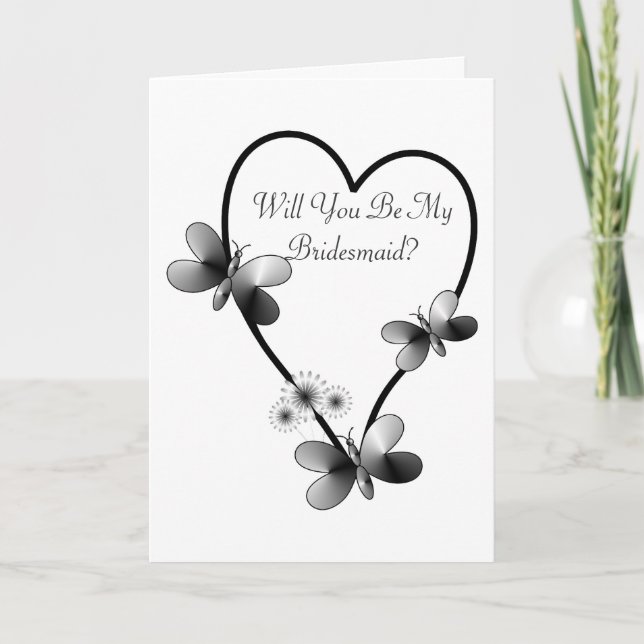 Black And White Heart And Butterflies Bridesmaid Invitation (Front)