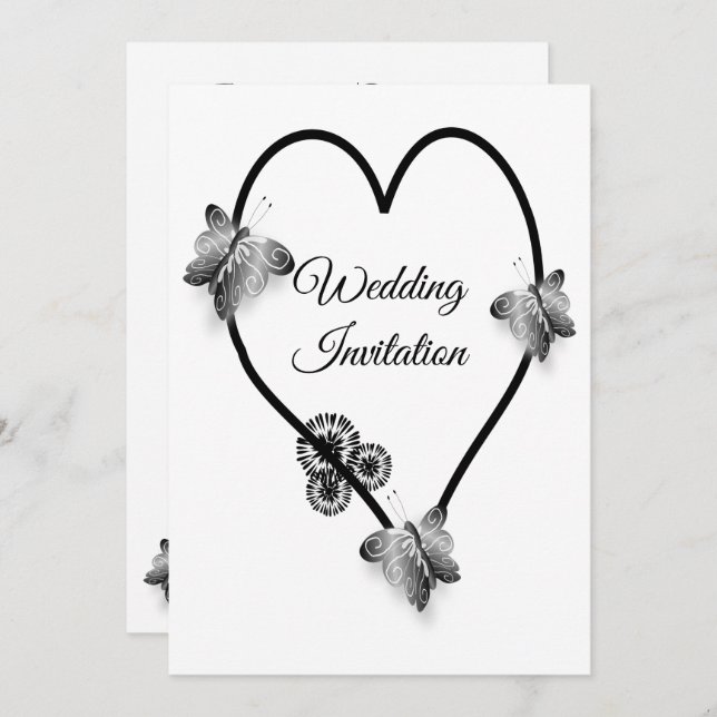 Black And White Heart And Butterflies Wedding Invitation (Front/Back)