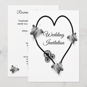 Black And White Heart And Butterflies Wedding Invitation