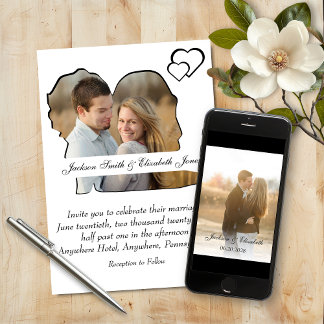 Black and White Heart Bride & Groom Photo Wedding Invitation