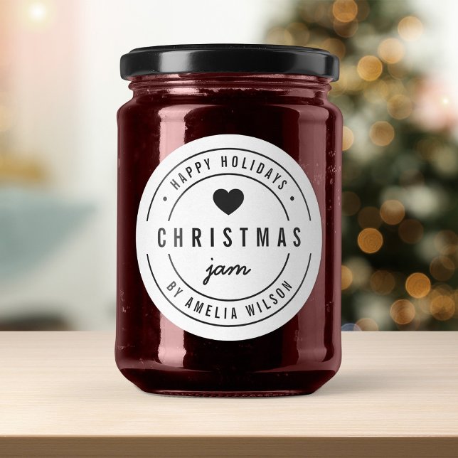 Black and White Heart Christmas Jam Happy Holidays Classic Round Sticker (Creator Uploaded)