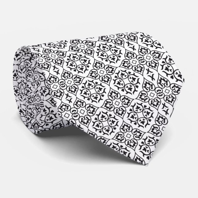 Black and White Heart Damask Tie (Rolled)