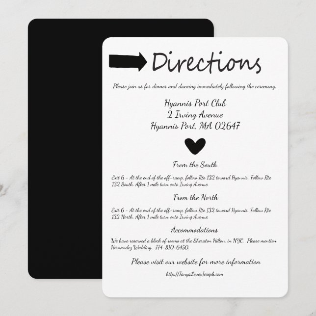 Black And White Heart Directions Details Wedding Invitation (Front/Back)