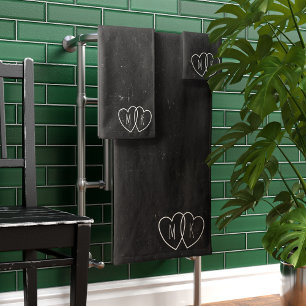 Black and White Heart Monogram Bath Towel Set