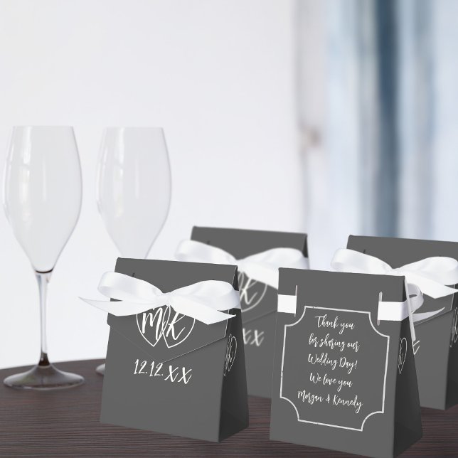 Black and White Heart Monogram Wedding Favor Boxes (Add your short thank you message on the reverse and your initials/wedding day to the front)