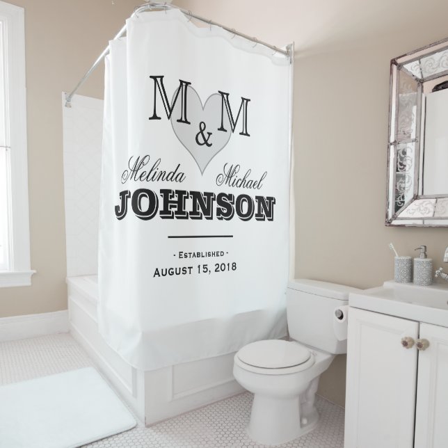 Black and White Heart Monogram Wedding Shower Curtain (In Situ)
