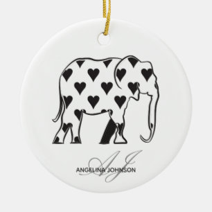 Black and White Heart Pattern Elephant Monogrammed Ceramic Tree Decoration