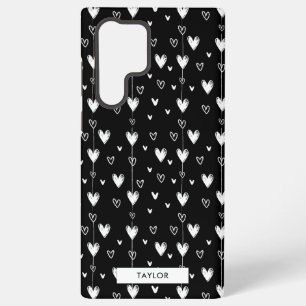 Black and White Heart Pattern Monogram Name  Samsung Galaxy Case