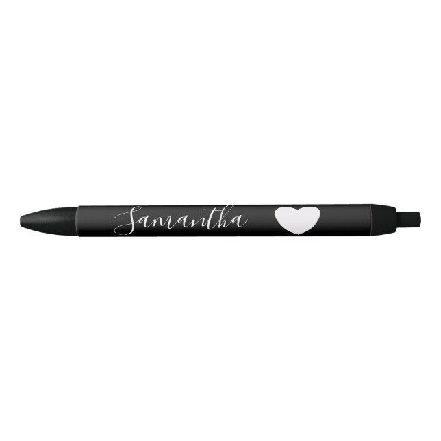 Black and White Heart Personalised Name Black Ink Pen (Front)