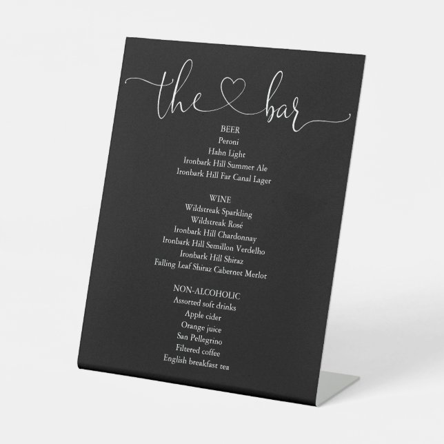 Black And White Heart Script Bar Menu Pedestal Sign (Front)