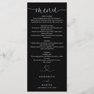 Black And White Heart Script Wedding Dinner Menu