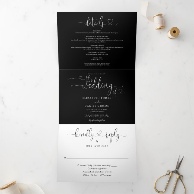 Black And White Heart Script Wedding Tri-Fold Invitation (Inside)