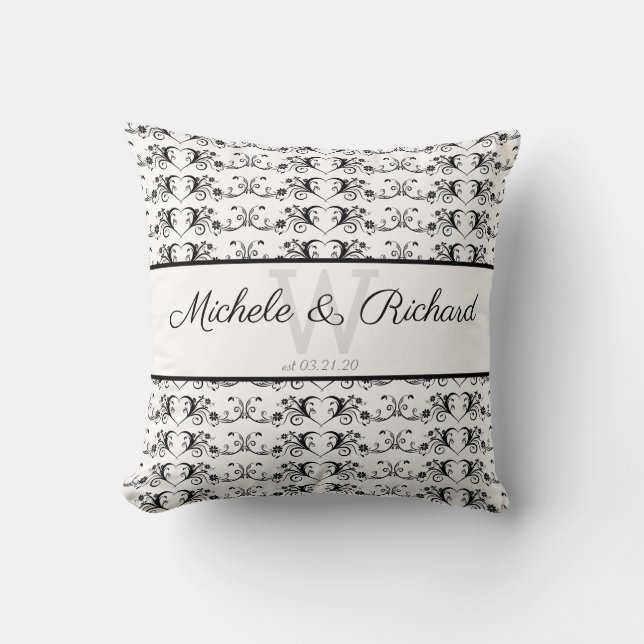 Black and White Heart Scroll Keepsake Cushion (Front)