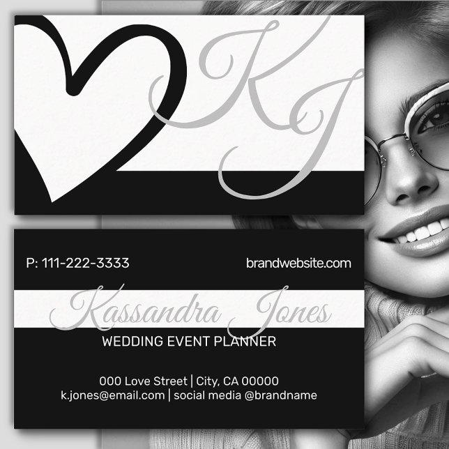 Black and White Heart Shape Calligraphy Monograms Business Card (Creator Uploaded)