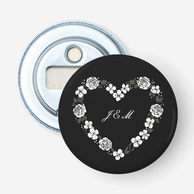 Black and White Heart Wedding Bottle Opener (Front)