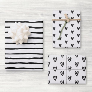 Black and White Hearts and Lines Wrapping Paper Sheet