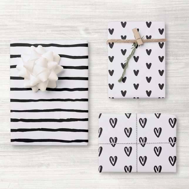 Black and White Hearts and Lines Wrapping Paper Sheet (Creator Uploaded)