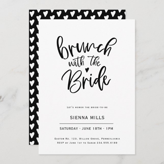 Black and White Hearts Calligraphy Bridal Brunch Invitation (Front/Back)