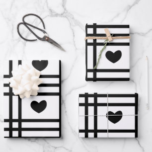 Black and White Hearts Cute Valentines Day Pattern Wrapping Paper Sheet
