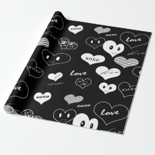 Black and White Hearts Love Xoxo Wrapping Paper