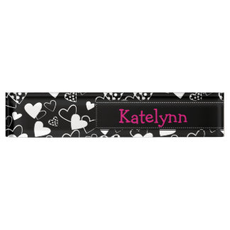 Black and White Hearts Monogram Desk Name Plate