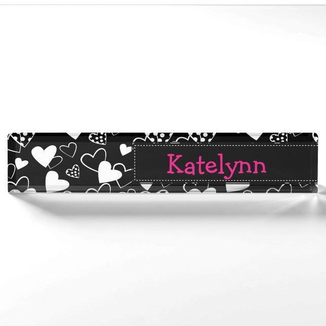 Black and White Hearts Monogram Desk Name Plate (Front)