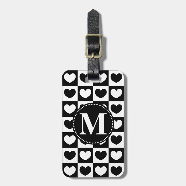 Black and White Hearts, Monogram Luggage Tag (Front Vertical)