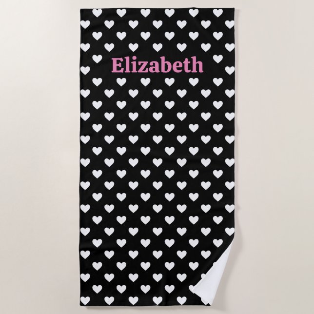 Black and White Hearts Pattern Beach Towel (Front)
