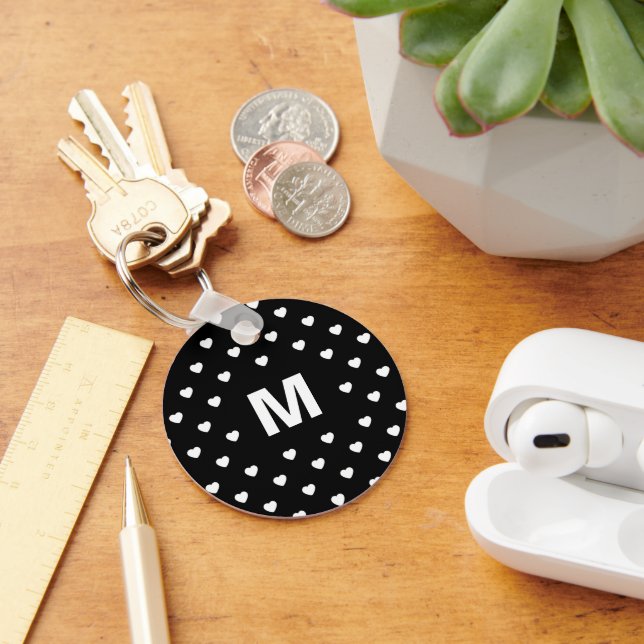 Black and White Hearts Polka Dot Pattern Monogram Key Ring (Desk)