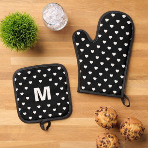 Black and White Hearts Polka Dot Pattern Monogram Oven Mitt & Pot Holder Set