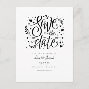 Black and White Hearts Script Save the Date Postcard
