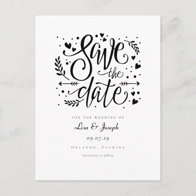 Black and White Hearts Script Save the Date Postcard (Front)