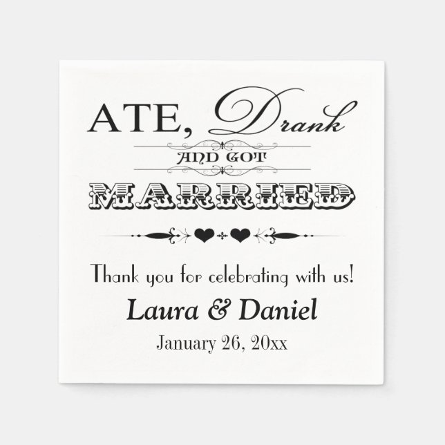 Black and White Hearts, Scrolls Wedding Napkins (Front)