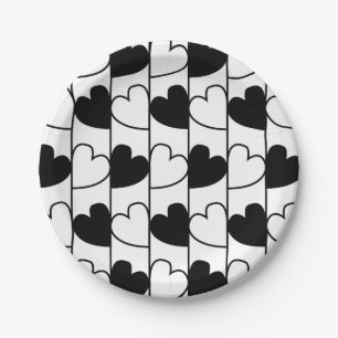 Black and White Hearts Stripes Paper Plate