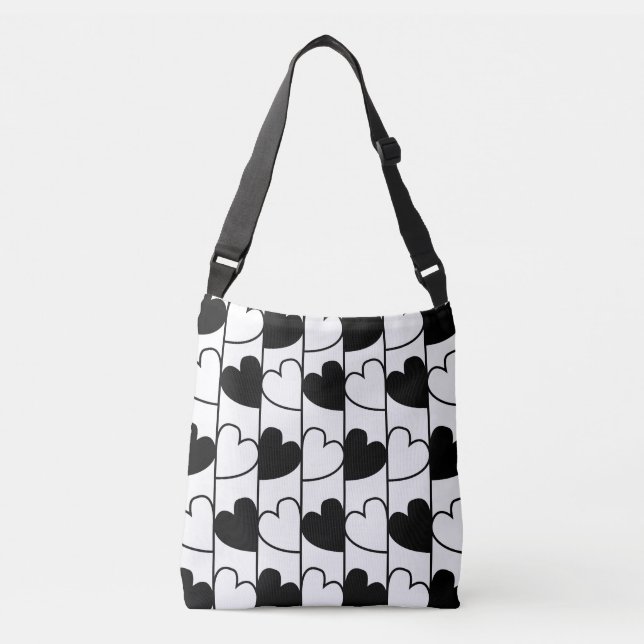Black and White Hearts Stripes Pattern Crossbody Bag (Front)