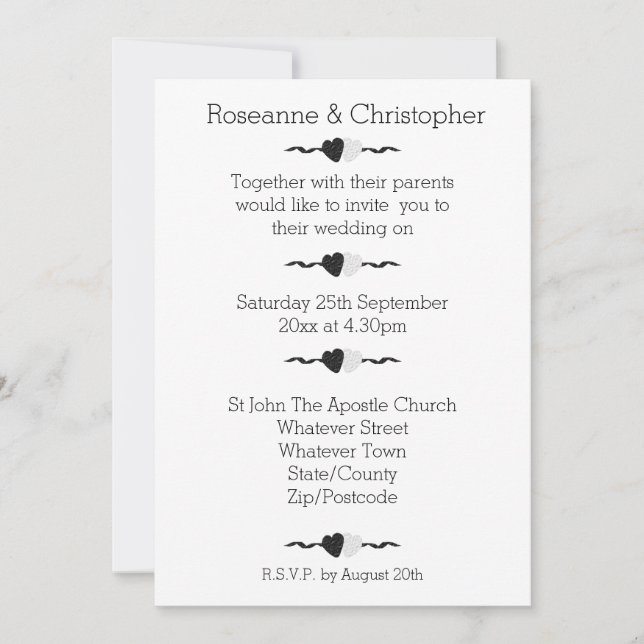 Black And White Hearts Wedding Invitation (Front)