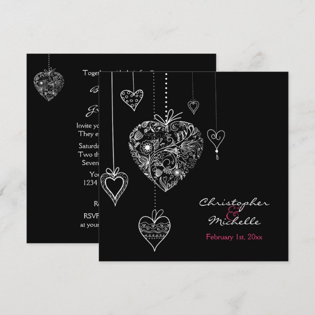 Black and White Hearts Wedding Invite with RSVP (Front/Back)