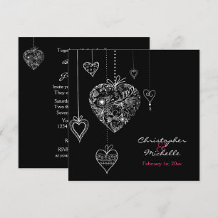 Black and White Hearts Wedding Invite with RSVP