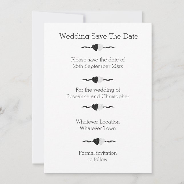 Black And White Hearts Wedding Save The Date (Front)