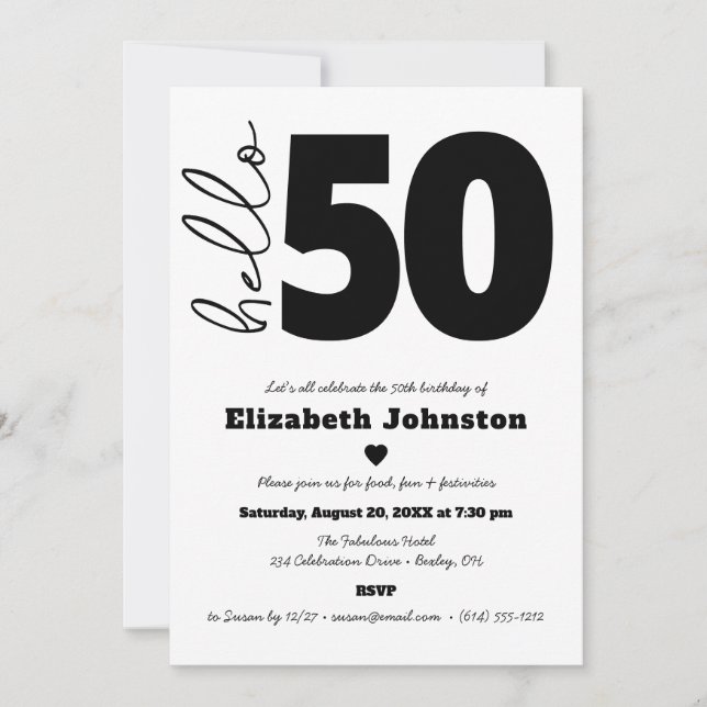 Black and White Hello 50 Fabulous Birthday Modern Invitation (Front)