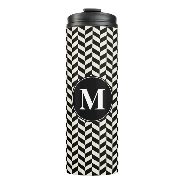 Black and White Herringbone Chevron Pattern Thermal Tumbler (Front)