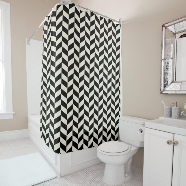 Black and White Herringbone Chevrons Pattern Shower Curtain (In Situ)