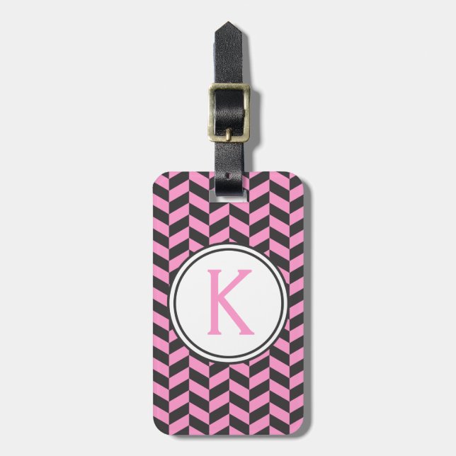 Black and White Herringbone Customisable Colour Luggage Tag (Front Vertical)